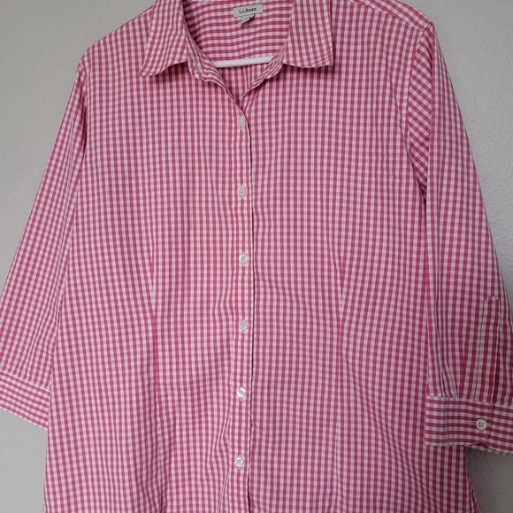 L.L.Bean Wrinkle Resist Button Up Women's Checked Pink and White Blouse Large - Picture 6 of 6